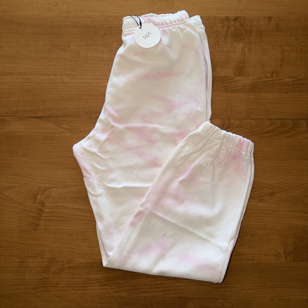 NEW NIA Women's Jogger Sweatpants Size Medium PETAL (Pink & White)